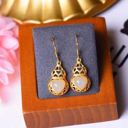 Dangle Earrings Natural Hetian White Jade Gourd Heart-shaped For Women Unique Chinese Style Antique Gold Craft Light Luxury Jewellery