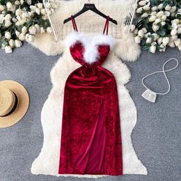 Casual Dresses Formal Dress Women Elegant Fur V-Neck Velvet Patchwork Spring A-LINE French Chic Sleeveless Vestido Female Drop