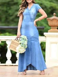 Dress Women Summer Casual Plain V Neck Light Washed Denim Dress Elegant Aline Short Sleeve Bodycon Maxi Dress Female Clothing 240119