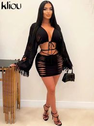 Work Dresses Kliou Knitted Solid Two Piece Set Concise Full Sleeve Deep V-neck Bandage Cropped Tops Hollow Out Mini Skirts Female Streetwear