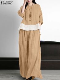 ZANZEA Summer Fashion OL Suit Casual Matching Sets 2PCS 34 Sleeve ONeck Blouse Wide Leg Pants Woman Elegant Patchwork Outifits 240123