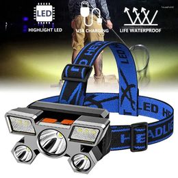 Headlamps COB 5 LED Lights Headlamp Rechargeable With Built In 18650 Battery Strong Torch Camping Adventure Fish Head Lantern Flashlight