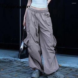 Women's Pants Rapcopter Y2k Grey Baggy Cargo Women Pockets Elastic Waisted Streetwear Trousers Fashion Ruched Korean Grunge Joggers 90s