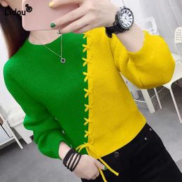 Women's Sweaters Autumn Winter Fashion Trend Lace Up Spliced Round Neck Clothing Korean Long Sleeve Contrast Colour Knitted Tops