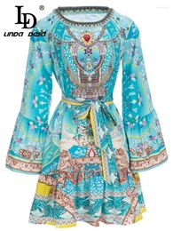 Casual Dresses LD LINDA DELLA Fashion Designer Autumn Short Dress Women Flare Sleeve Crystal Bead Blue Flower Print Belted Vintage Mini