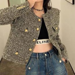 Women's Jackets Vintage Tweed Jacket French Round Neck Short Coat Slim Ladies Single Breasted Korean Chic Autumn Long Sleeve Outwear I96