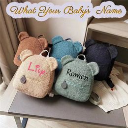 Personalised Baby Girls Backpack Cute Bear Plush Solid Colour Baby Bag Custom Name Casual Backpack for Toddler Kids 240118