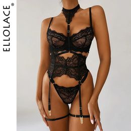 Ellolace Underwear Sexy Lingerie 3Pieces Transparent Bra Lace Suit Garter Belt With Stockings Woman Erotic Intimate 240202