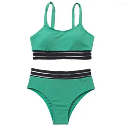 Women's Swimwear 2 Pcs/Set Summer Bikini Set Stripe Colour Matching Chest Pad High Waist Wireless Swimming Vacation Women