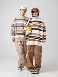 Men's Sweaters Japanese Round Neck Sweater For Men In Autumn And Winter 2024 Striped Contrasting Patchwork Trendy Couple Loose Knit Sweate