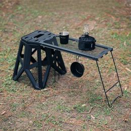 Outdoor Multifunctional Folding Table Side Hanging Table Iron Storage Rack Japanese Style Stool Camping Portable Mesh Table 240125