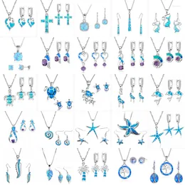 Necklace Earrings Set 32 Styles Trendy Geometric Shape Jewelry For Women Imitation Blue Fire Opal Purple Crystal Pendant