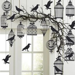 Glitter Black Crow Cage Halloween Party Decorations for Gothic Halloween Tree Hanging Decorations Raven Bird Cage Banner Garland 240124
