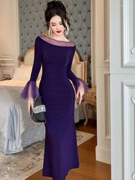 Casual Dresses Celebrity Banquet Evening Dress Women Elegant Purple Sheer Mesh Rhinestone Folds Fishtail Robe Femme Party Prom Long Vestidos