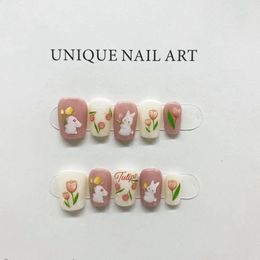 Handmade Cute Press on Nails Short Purple Japanese Cartoon Reusable Adhesive Acrylic False Nails with Design Hand Paint Nail Art 240129