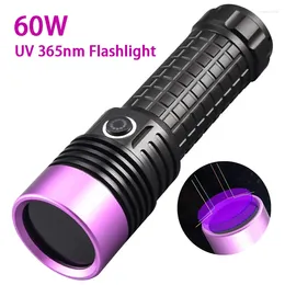 Flashlights Torches Powerful 365NM UV Flashlight Black Mirror Purple Light 60W Fluorescent Oil Pollution Detection Torch Rechargeable 26650