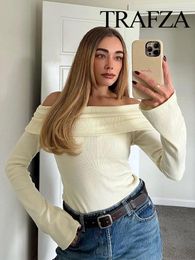 Women's Sweaters TRAFZA Fashion Multicolor Long Sleeve Knitted Folding Slim Pullover Chic Top Autumn Sexy One Shoulder Casual