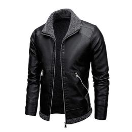 winter fur integrated short leather jacket motorcycle stand up collar mens clothing 240125