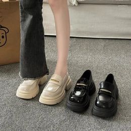 Dress Shoes Black Glossy Loafers Soft Leather Platform Thick Soles Shallow Slip-ons Chunky Heels Women's Work For Commuting