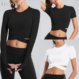 Crop Tops Women Yoga Tshirts Solid Sports Top Long Sleeve Running Shirts Sexy Exposed Navel Quick Dry Fitness Gym Sport Wear 240123