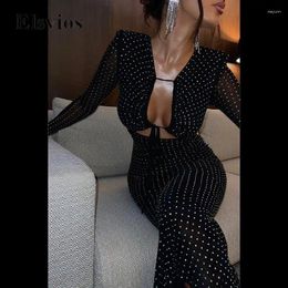 Casual Dresses Fashion Long Sleeve Maxi Dress Elegant Colorful Rhinestone Party 2024 Spring Women Sexy Hollow Out Tie-up Slim