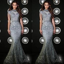 Charming High Neck Mermaid Evening Sequins Tassel Prom Gowns Sleeveless Floor Length Custom Made Formal Party Dresses