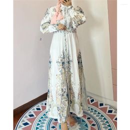 Ethnic Clothing Vintage Print Muslim Women Lapel Collar Long Sleeve Maxi Dress Buttins Shirt Dresses Belted Abaya Dubai Turkey Kaftan Islam