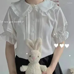 Women's Blouses QWEEK Japanese Sweet Lolita Style Women Kawaii Peter Pan Collar JK Shirts Girls Cute Ruffles Short Puff Sleeve White Top