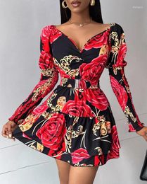 Casual Dresses Womens V-Neck 2024 Spring Floral Print Gigot Sleeve Shirred Skirt Long Daily Fashion Mini Layered Dress