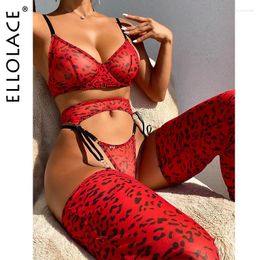 Bras Sets Ellolace Leopard Lingerie For Women Lace Set Of Underwear With Stockings 5-Pieces Erotic Thongs Garter Transparent Bra Pantyhose