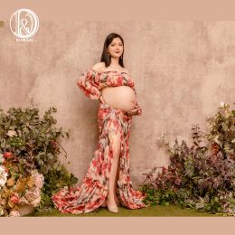 Dresses Don Judy Floral 2 Pieces Gown Top and Skirt Set Maternity Dresses Long Sleeves Photography Dress Baby Shower Dress 2022