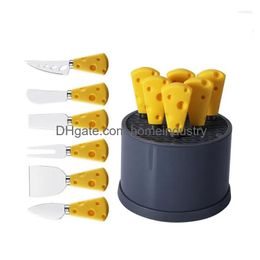 Dinnerware Sets Creative Cheese Knife With Storage Bucket Fork Stainless Steel Kitchen 6 Piece Cutting Tool Set Drop Delivery Dh6Rx