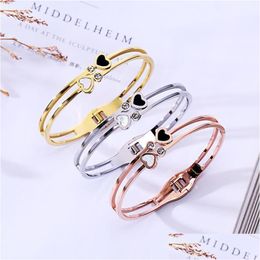 Bangle Wholesle Luxury Stainless Steel Cuff Bracelets Bangles For Women/Men Bijoux Gift Top Brand Cz Crystal Buckle Love Heart Bangle Dhxqd