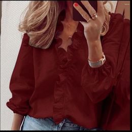 Women's Blouses Women V Neck Long Sleeves Blouse Elegant Ruffled Neckline Large Size T-shirt Simple Solid Color Pullover Tunic Tops