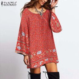 Dress Zanzea Bohemian Printed Mini Dress Women Casual Summer Long Sleeve Dresses 2023 Loose Kaftan Robe Floral Sundress Oversized