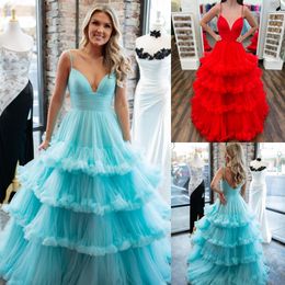 Ruffle Ballgown Formal Event Dress 2024 Spaghetti Straps Aqua Tulle Pageant Prom Birthday Evening Party Gown for Lady Saudi Arabia Red Carpet Runway Drama V-Cut Back