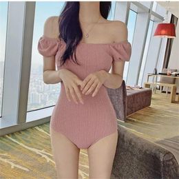 Women's Swimwear 2024 Korean Style One Piece Women Swimsuit Solid Off Shoulder Sexy Spring Holiday Beachwear