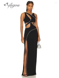 Casual Dresses Ailigou 2024 Summer Women's Sexy Sleeveless Hollow Beaded Black V-neck Side Split Tight Long Dress Evening Celebrity