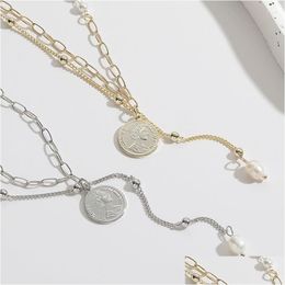 Pendant Necklaces 2023 Fashion Women Ins Pearl And Character Portrait Coin Paper Clips Chain Beads Double Layer Necklace Drop Deliver Dhare