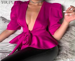 Ruffle Puff Sleeve Blouse Shirt Puffy Bow Laceup V Neck Elegant Sexy Peplum Top Woman 2020 Summer Fashion Blouses Women Clothes T5009599