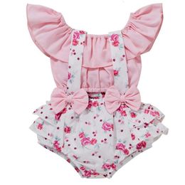 "Adorable 2Pcs Baby Girl Clothes Set for Summer - Ruffle Short Sleeve Tops and Floral Stripe Overalls Outfit, Perfect for Toddler Girls - D30"