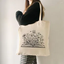 Shopping Bags Flower Books Tote Bag Canvas Shoulder For Travel Commute Trendy Folding Gift Teacher Lover Gifts