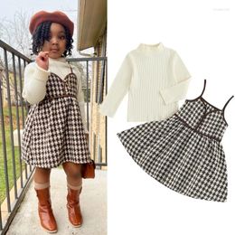 Clothing Sets FOCUSNORM 3-6Y Fashion Toddler Girl Clothes 2pcs Turtleneck Long Sleeve Knit Tops Plaid Print A-Line Sundress