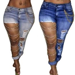 Fashion High Wait Stacked Pants Trousers Women Jeans Mid Rise Exaggerated Ripped Holes Skinny Pencil Pants Trousers Daily Wear 240122