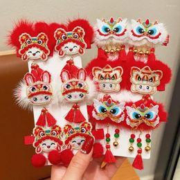 Hair Accessories Embroidery Children Red Hairpin Dragon Tassel Lion Dance Clip Ancient Style Girl