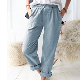 Women's Pants Cotton Linen Comfort Casual Loose Trousers Solid Colour Side Pocket Long Vintage Fashion Elastic Waist High