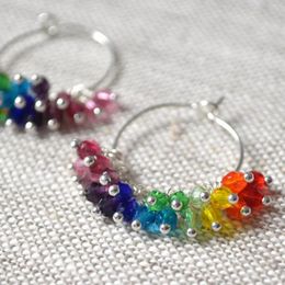 Dangle Earrings Rainbow Hoop Silver Czech Glass Beads Beaded Cluster Small Plated Hoops Bright And Fun Colourful Jewellery