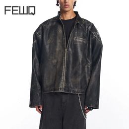 FEWQ Autumn Coat Mens Fashion Loose PU Leather Male Jacket 2023 Vintage Stand Collar Design High Street Tops 240130
