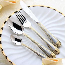 Dinnerware Sets 4 Pcs/Set Vintage Western Gold Plated Dinnerware Dinner Fork Knife Set Golden Cutlery Stainless Steel Engraving Tablew Dh4J1