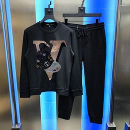 Men's Tracksuits Diamond Letters Shiny Warm Fabric Winter Track Suit Sets Outdoor Streetwear Hip-Hop Jogging Sweatshirt Pants